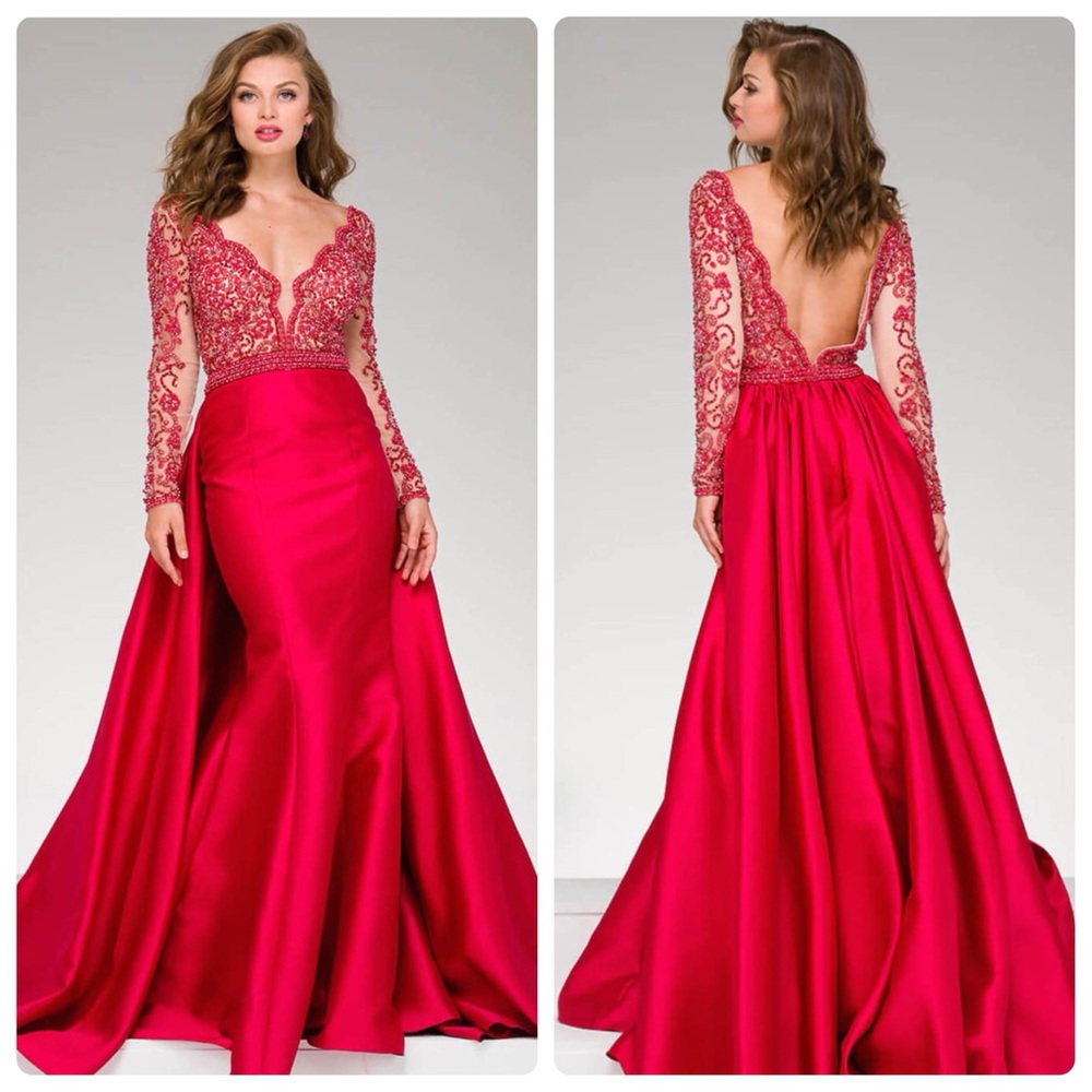 Jovani Pink Red Jeweled Long Sleeve Mermaid Dress 14 Formal Pageant Prom 46708